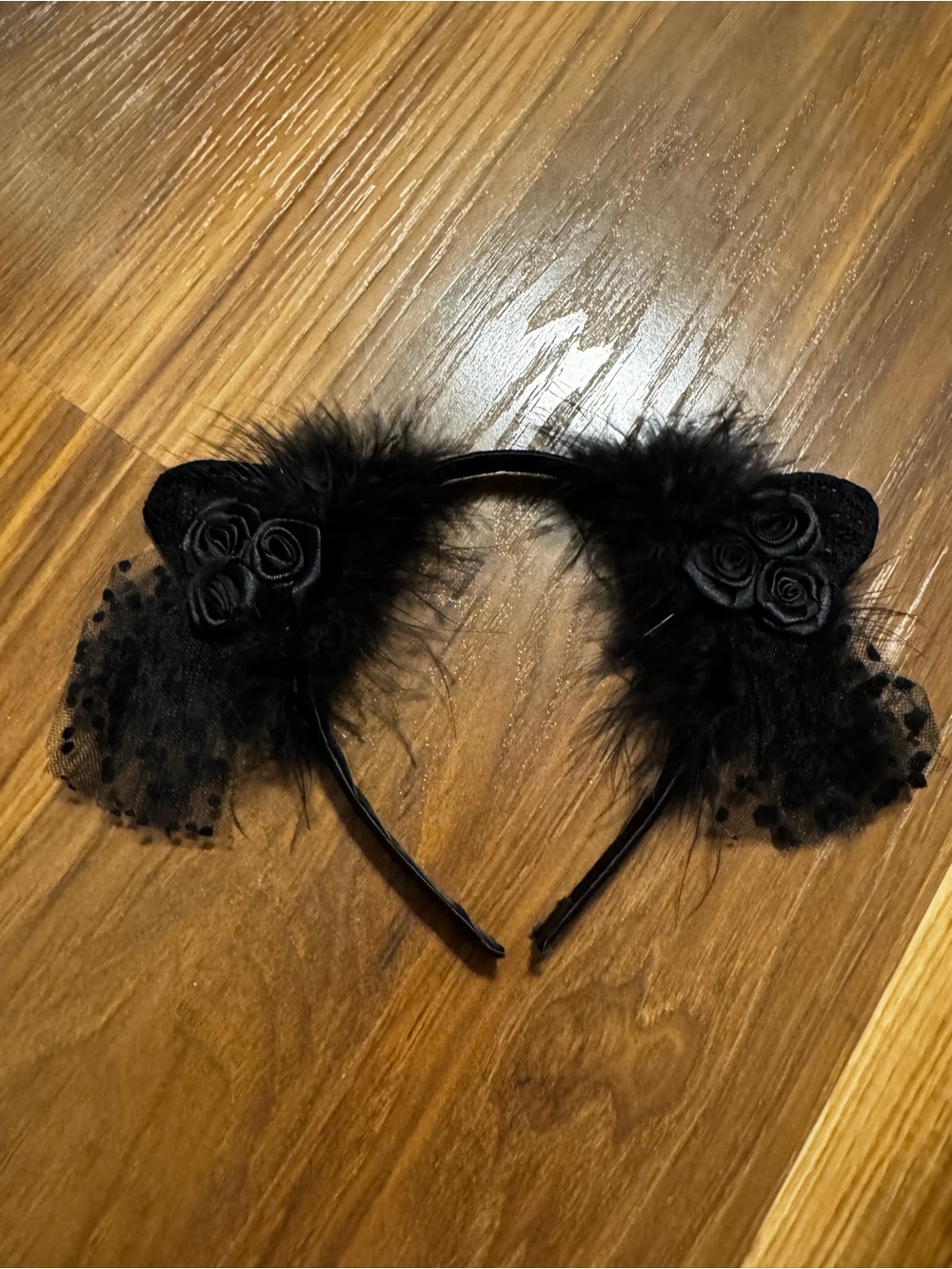 🚨 RARE!! Vintage Goth Black Feather & Rose Cat Ear Headband
